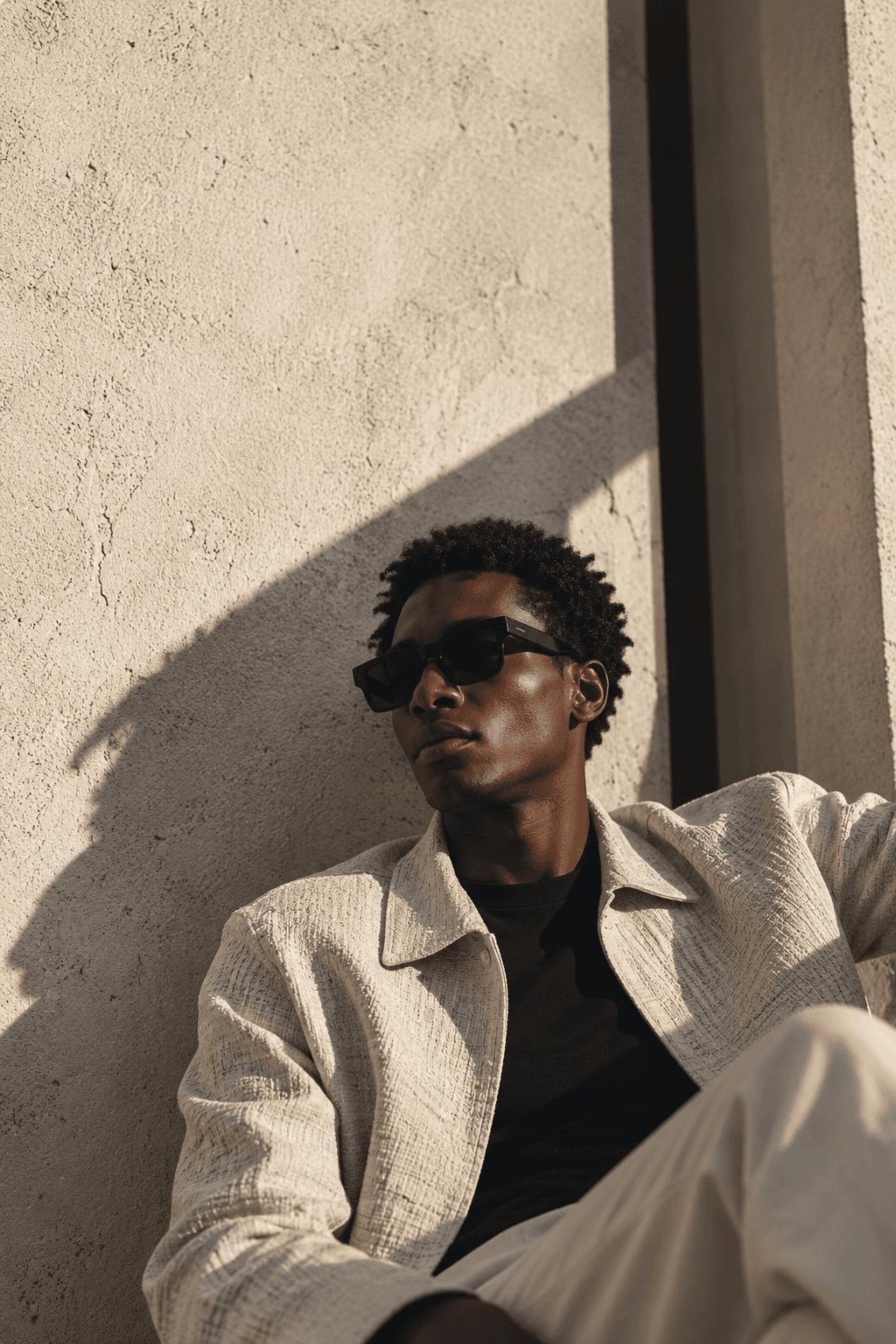 A man in black sunglasses and a cream textured jacket, seated against a sunlit stone wall.