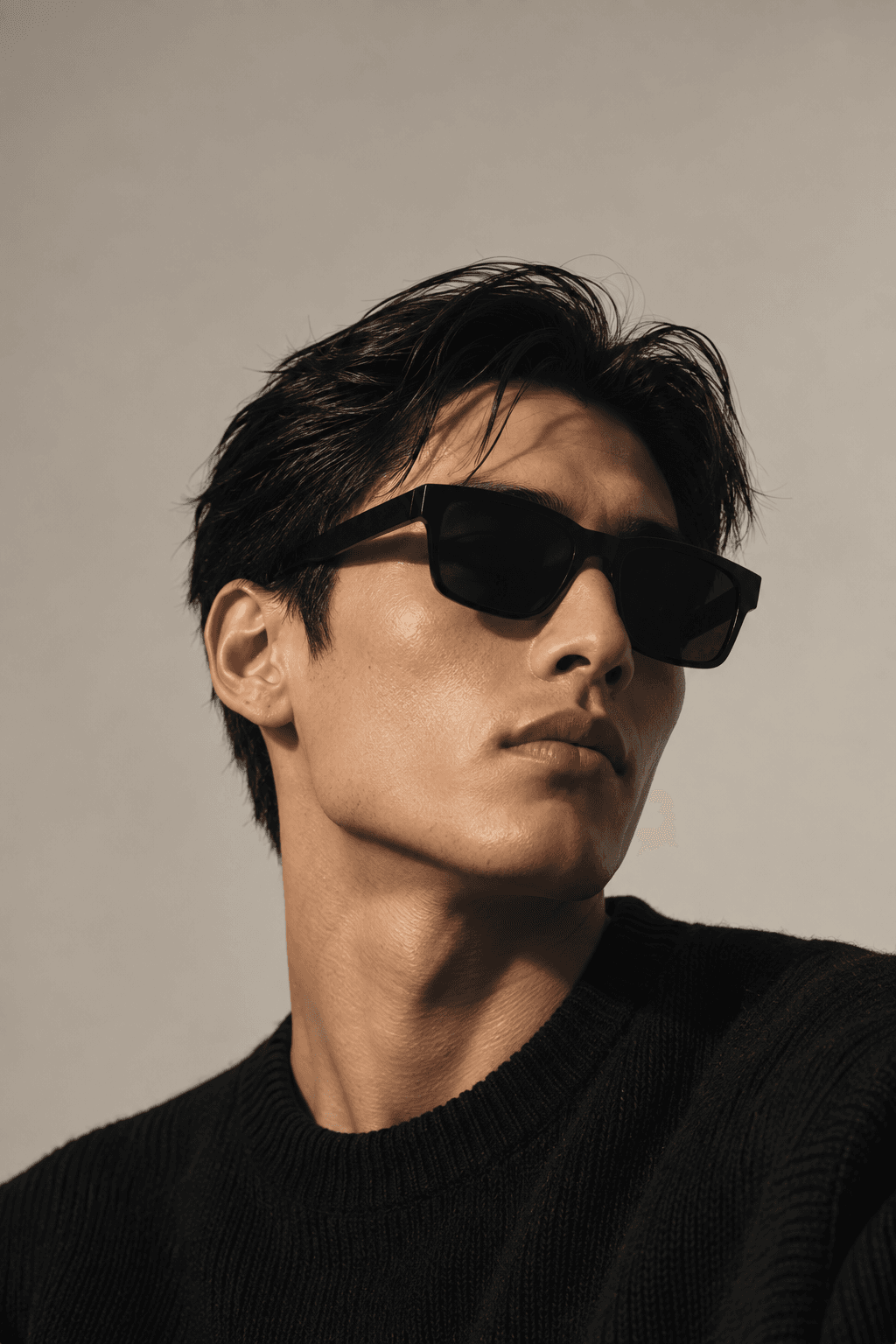 Black rectangular sunglasses worn with a black knit sweater.